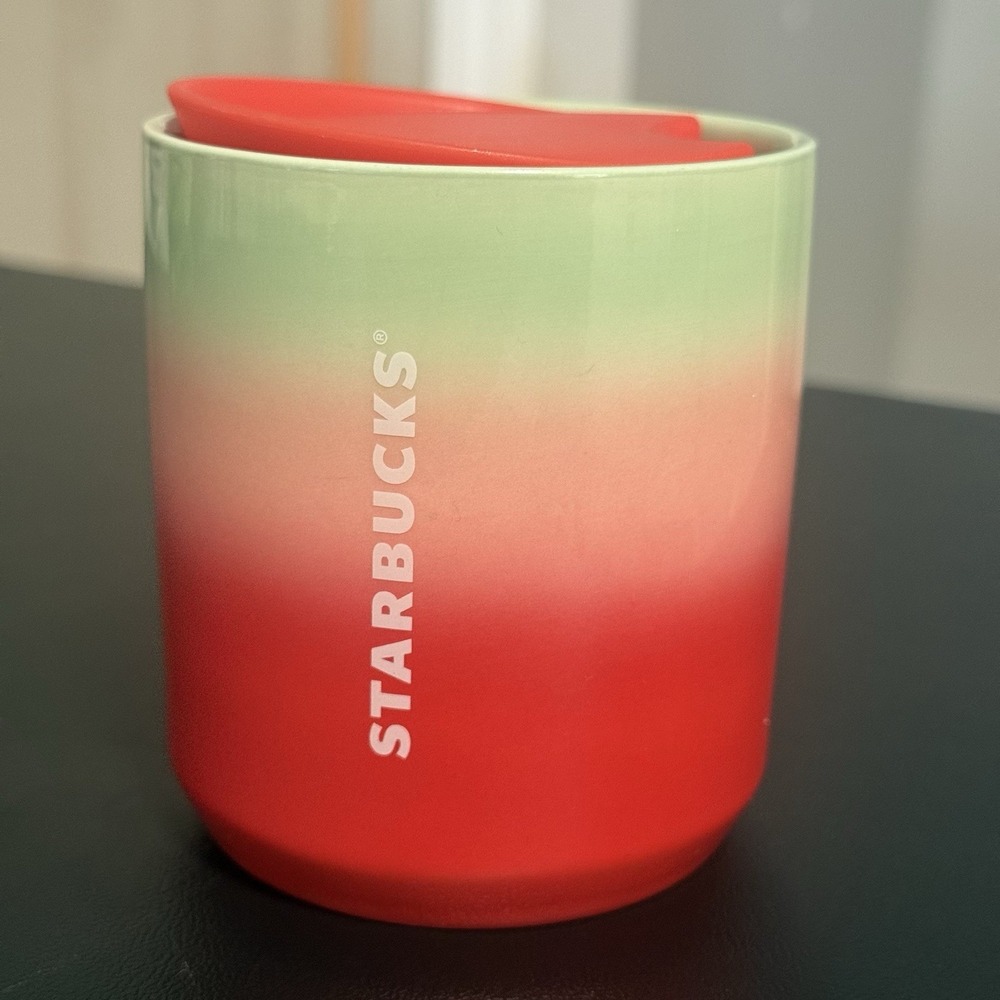 Starbucks 2020 Holiday Pearl Red Green Ombre Ceramic Mug 8oz w/ Red Lid